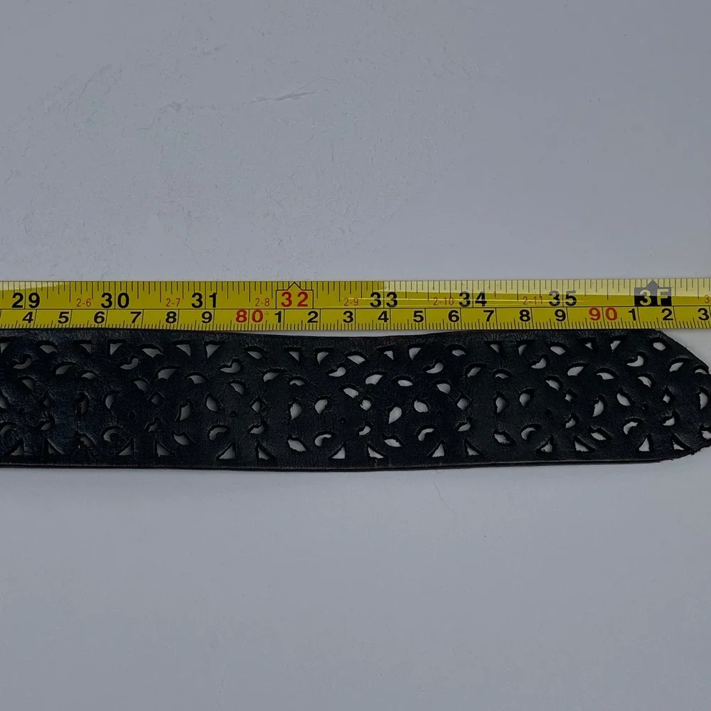 Vintage Genuine Leather Cut Out Floral Belt Womens M Black Wide Boho Western